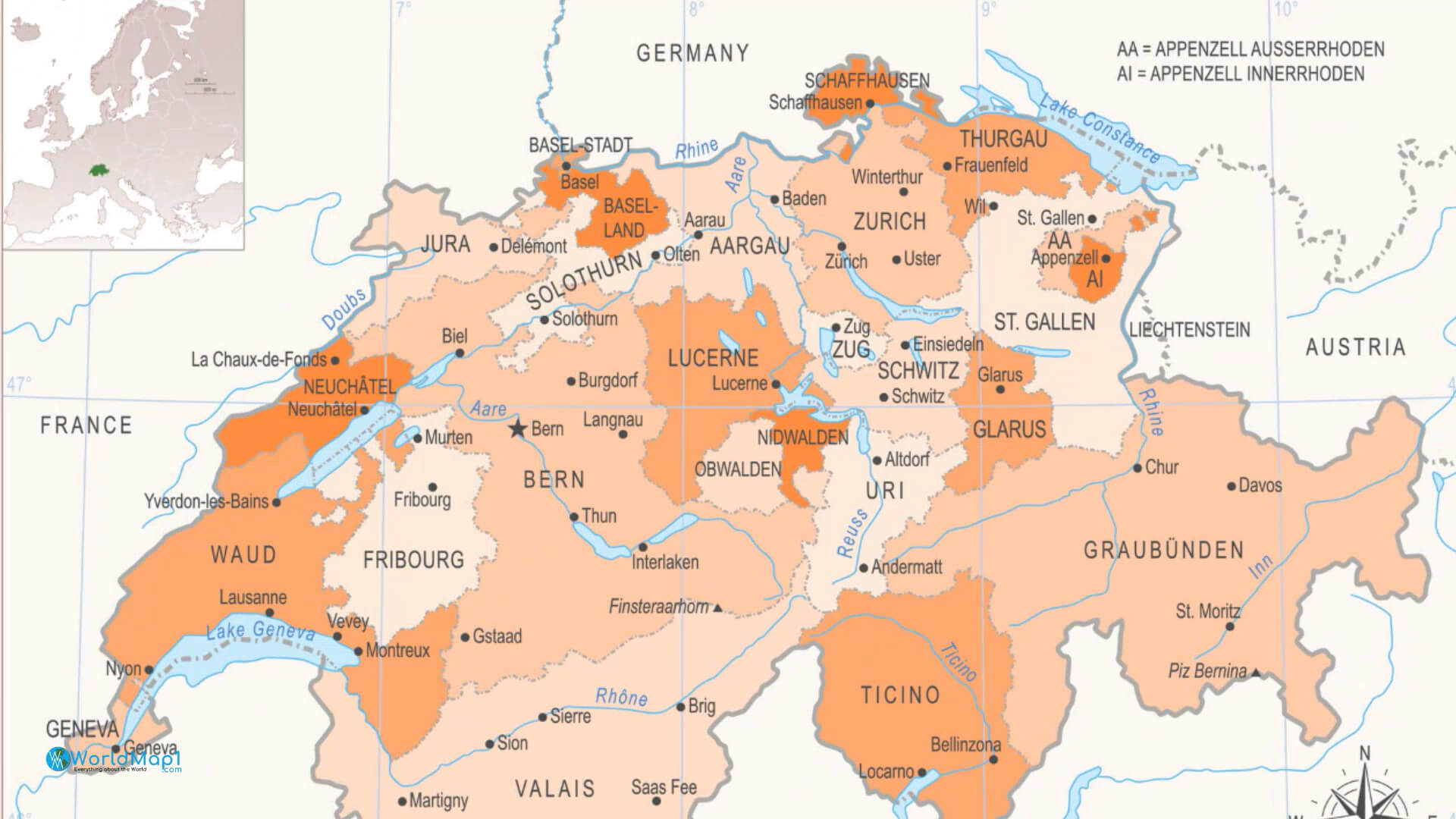 Switzerland Rivers and Lakes Map